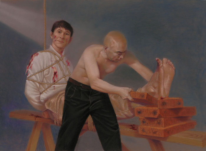 油畫：中共酷刑折磨法輪功學員的手段——老虎凳。（明慧網）