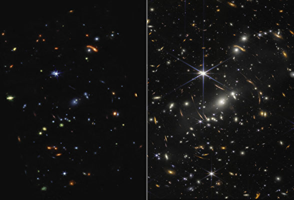2022年7月12日，NASA（美國太空總署）發布的對比圖顯示，不可見的近紅外和中紅外波長的光被轉化為可見光的顏色，這是占士·韋伯太空望遠鏡（James Webb Space Telescope）拍攝的首批圖片之一。（Handout / NASA / AFP）