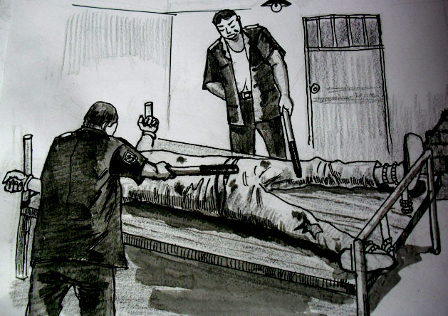 中共酷刑折磨示意圖：電棍電擊。（明慧網）