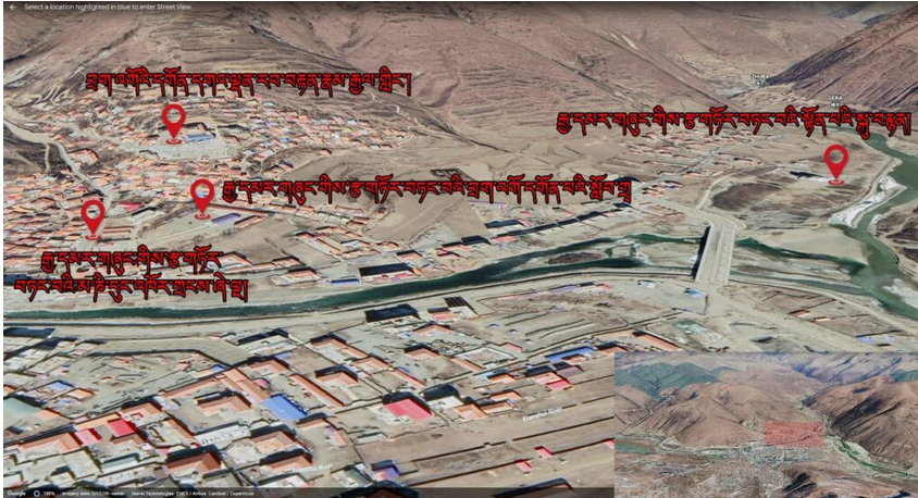 中共當局在爐霍縣拆毀的佛像、學校和轉經筒的地點示意圖。（照片來源：人權事務處提供）