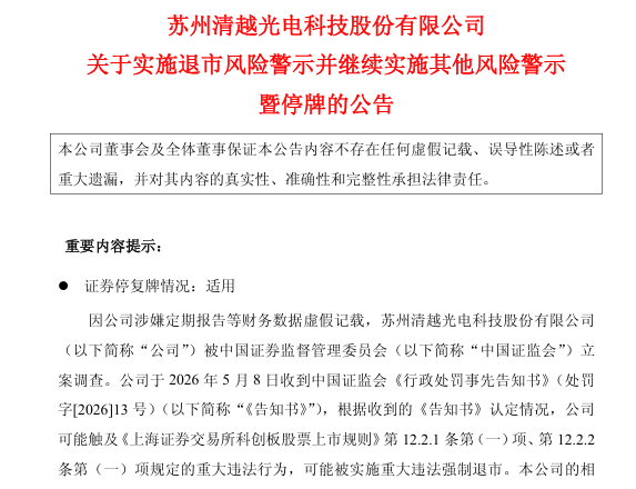 陸企清越科技連續三年財務造假被罰 或退市