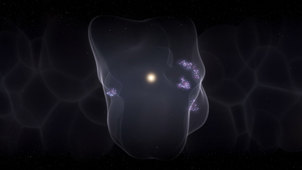 太陽系處於一個被稱為「本地泡」的宇宙氣泡的中心，附近新星都位於這個氣泡的表面。（Leah Hustak, 太空望遠鏡科學研究所STScI）