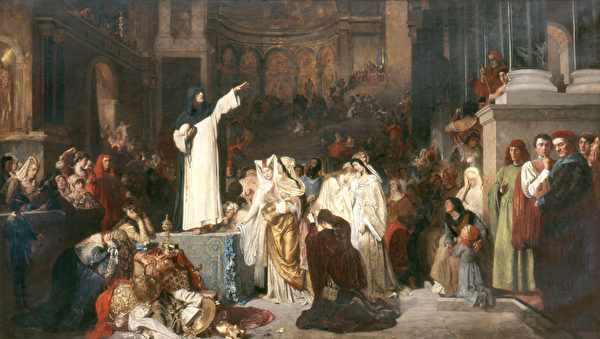路德維希‧馮‧薩佛納羅拉(Ludwig von Savonarola)的作品《薩佛納羅拉宣講反對揮霍》。約1879年的創作。聖文德大學,聖博納旺蒂爾,紐約。(公有領域)