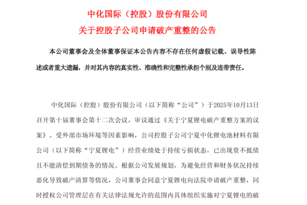 寧夏鋰電因資不抵債宣布破產。(公告截圖)