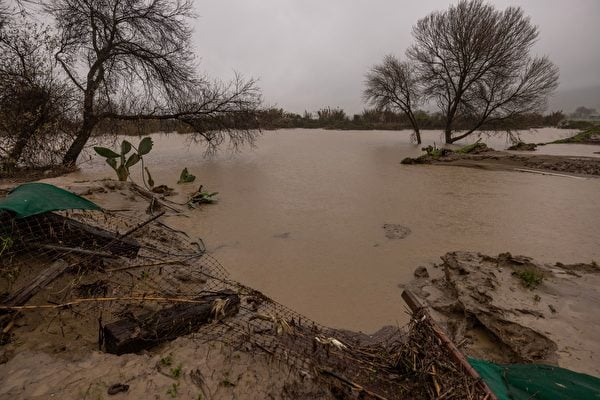 2023年1月14日,來自薩利納斯河(Salinas River)的洪水淹沒了加利福尼亞州查拉爾(Chualar)附近的一塊田地,因為一系列大氣河風暴襲擊了加州,造成嚴重破壞。(David NcNew/AFP via Getty Images)