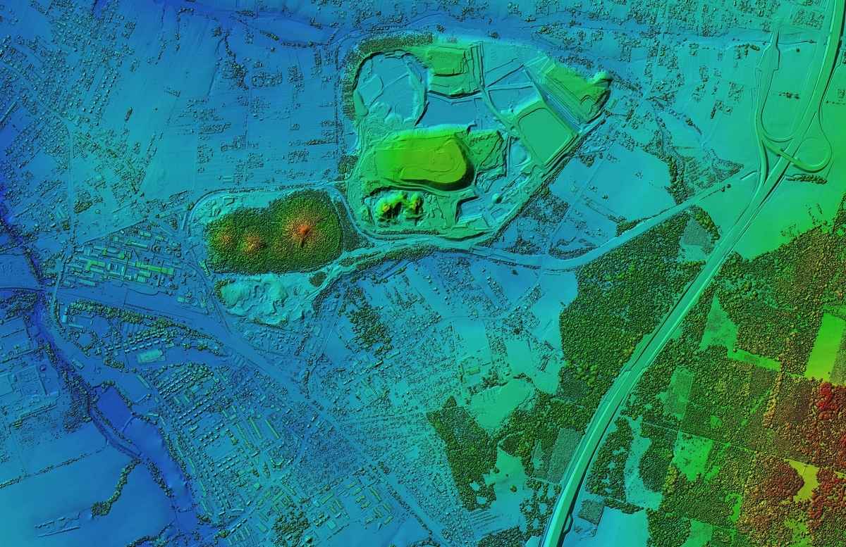 利用光學雷達技術（LiDAR）從距離地面數百呎的空中探測到的地表圖像示意圖。（Shutterstock）