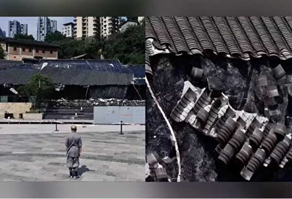  重慶連日高溫，博物館的屋頂瓦片融化脫落。（微博截圖）