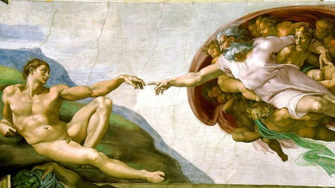 米開朗琪羅繪《聖經‧創世記》，梵蒂岡西斯廷禮拜堂天頂畫（局部）。（公有領域）