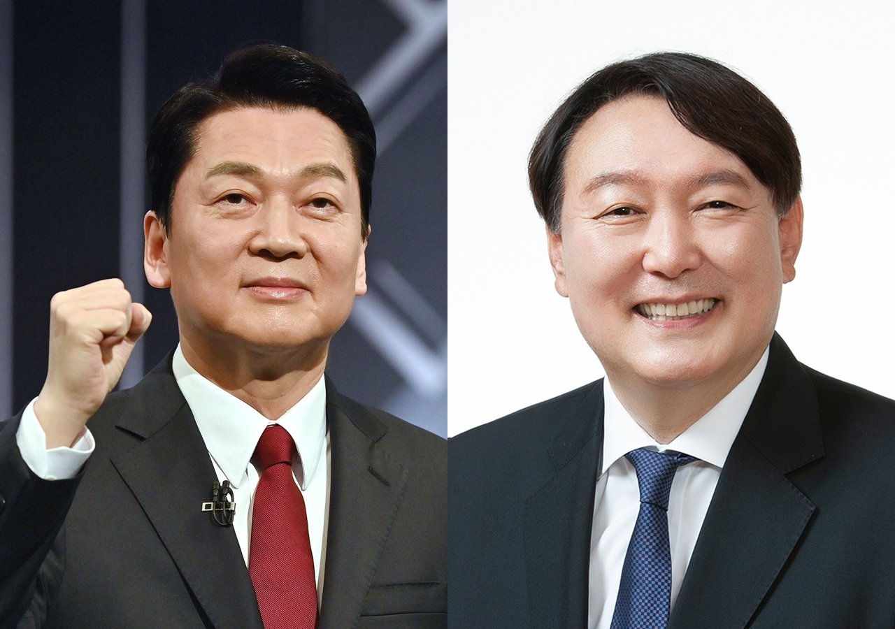 南韓第20屆總統候選人國民之黨安哲秀（左）和國民力量黨尹錫悅（右）。（JUNG YEON-JE/POOL/AFP via Getty Images，公有領域）