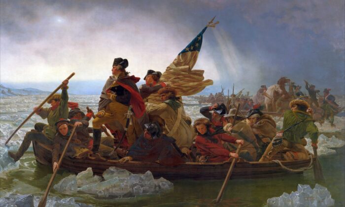 1776年底，喬治‧華盛頓將軍率領的大陸軍被英軍擊敗後，華盛頓率軍渡過特拉華河進入賓夕凡尼亞州。（油畫作者Emanuel Gottlieb Leutze，大都會藝術博物館收藏）