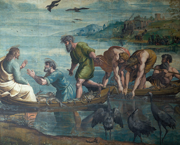 拉斐爾，《捕魚奇蹟》（The Miraculous Draught of Fishes），存世的七幅「使徒行傳」織錦掛毯圖稿之一，倫敦維多利亞艾伯特博物館藏。（公有領域）
