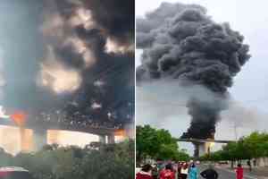 安徽高架橋上 兩車相撞起火 濃煙遮天蔽日