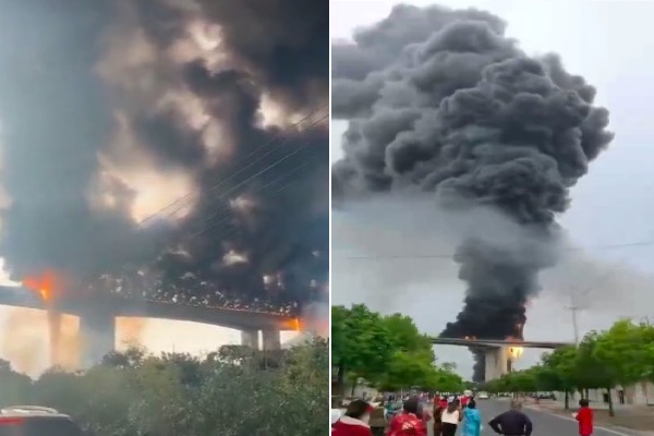安徽高架橋上 兩車相撞起火 濃煙遮天蔽日