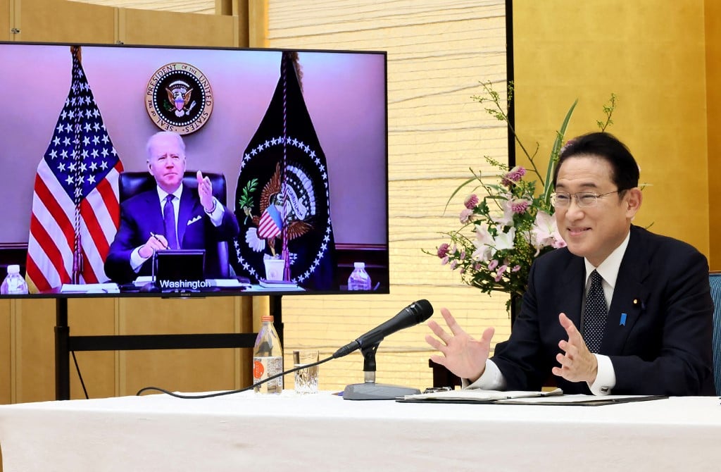 美國總統拜登和日本首相岸田文雄周五（2022年1月21日）首次舉行正式會談。兩國領導人探討了中共日益增長的軍事擴張和北韓核計劃議題，並同意召開經濟版「二加二」部長級會議。（Handout/Japan's Cabinet Public Relations Office Via Jiji Press/AFP）