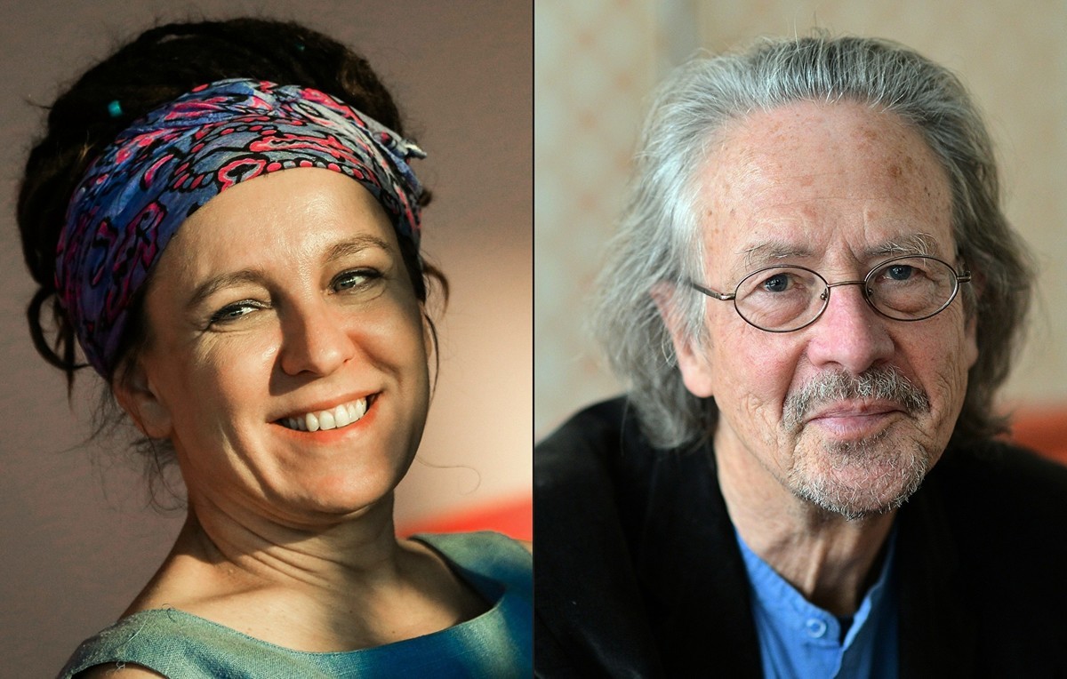 波蘭作家奧朵卡萩（Olga Tokarczuk）（左）和奧地利作家漢德克（Peter Handke）分別獲得2018和2019年諾貝爾文學獎。（BEATA ZAWREL,BARBARA GINDL/APA/AFP）