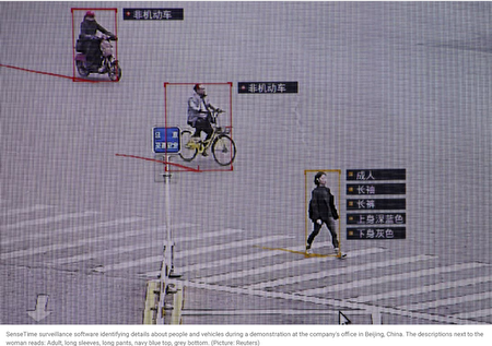 商湯科技（SenseTime）監控軟件在公司位於中國北京的辦公室進行演示時識別人員和車輛的詳細信息。女人旁邊的描述是：成人，長袖，長褲，海軍藍上衣，灰色下裝。 （圖：路透社）