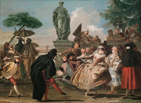《小步舞》(The Minuet),喬瓦尼‧多梅尼科‧提埃波羅(Giovanni Domenico Tiepolo)1756年作,布面油畫,80.7×109.3cm.,巴塞隆拿加泰羅尼亞國家藝術博物館藏。(公有領域)