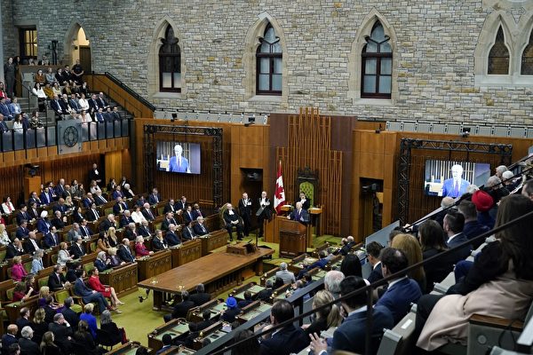 2023年3月24日，美國總統拜登在加拿大議會講話。（Andrew Harnik/POOL/AFP）