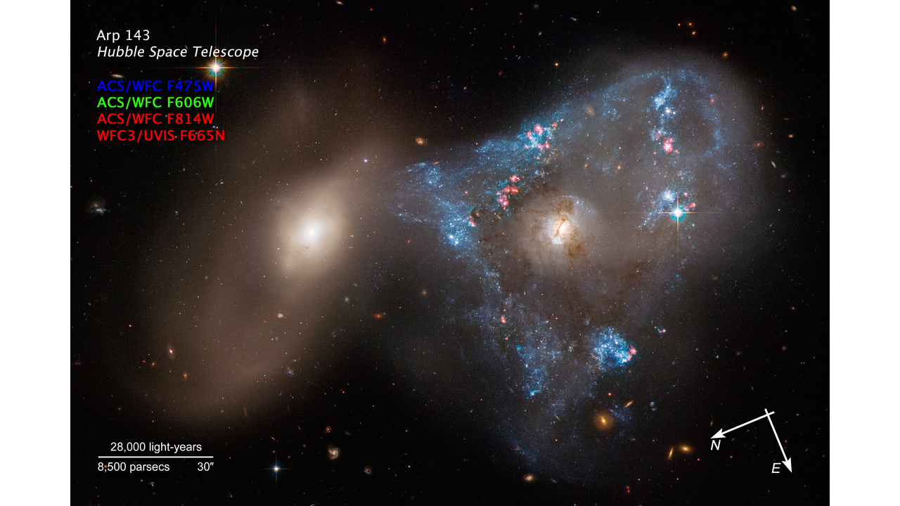 哈勃望遠鏡拍到的兩星系結構Arp 143。（NASA, ESA, STScI）