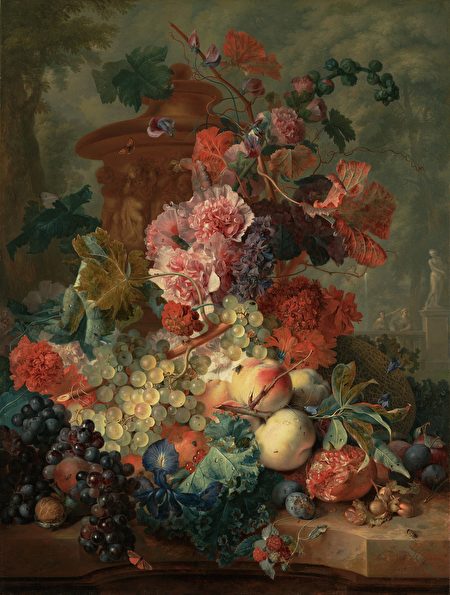 揚‧范‧海瑟姆的作品《水果》,1722年創作。油彩、畫板;80 x 61厘米。洛杉磯蓋蒂中心美術館。(公有領域)