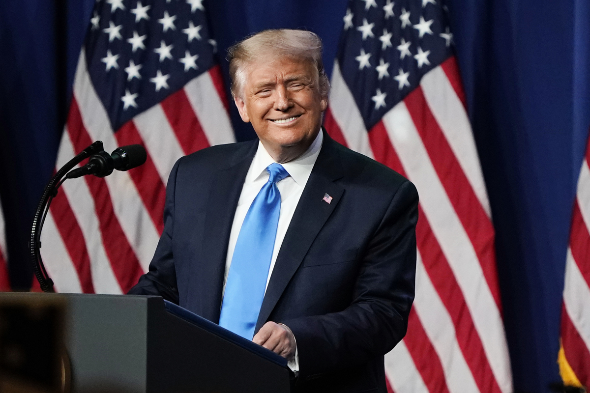 2020年8月24日，美國北卡羅來納州夏洛特，特朗普總統在共和黨代表大會上發表講話。（CHRIS CARLSON/POOL/AFP via Getty Images）