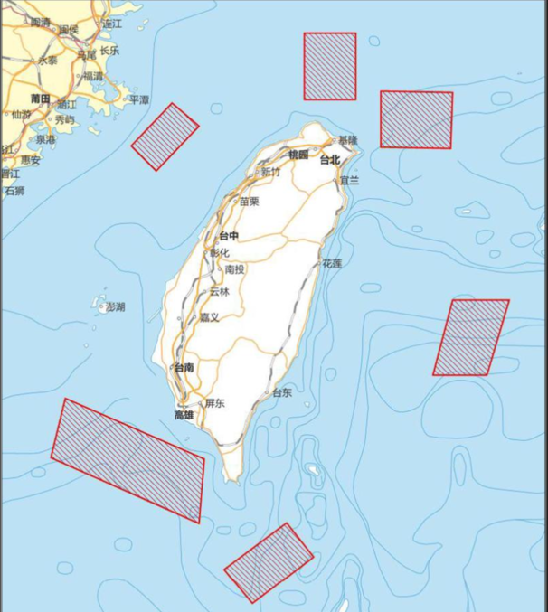 中共軍方2日晚宣布在台灣周邊的6個演習區。（ 網絡截圖）