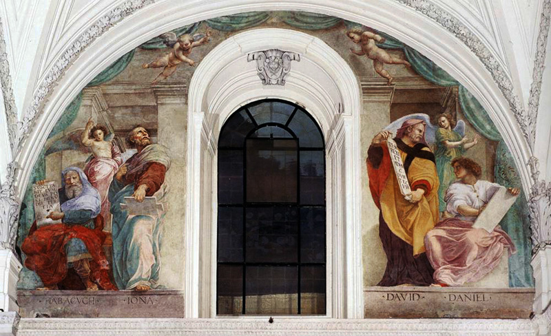 拉斐爾，《女先知與預言家》（Sibyls and Prophets）局部，約1514年作，濕壁畫，繪於羅馬和平之后堂。（公有領域）