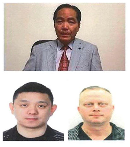 被美國司法部起訴的幾個為中共做外國代理人的被告劉藩（上）、孫強（左下）和茲布里奇（右下）。（取自紐約東區聯邦檢察官辦公室起訴書／大紀元合成）