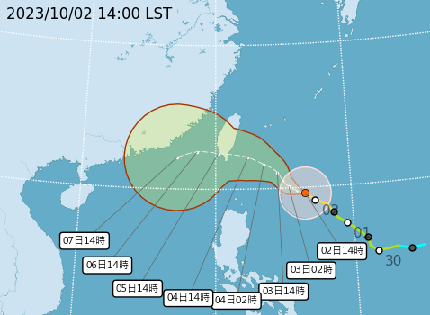  颱風小犬路徑潛勢預測圖。（圖取自中央氣象署官網）