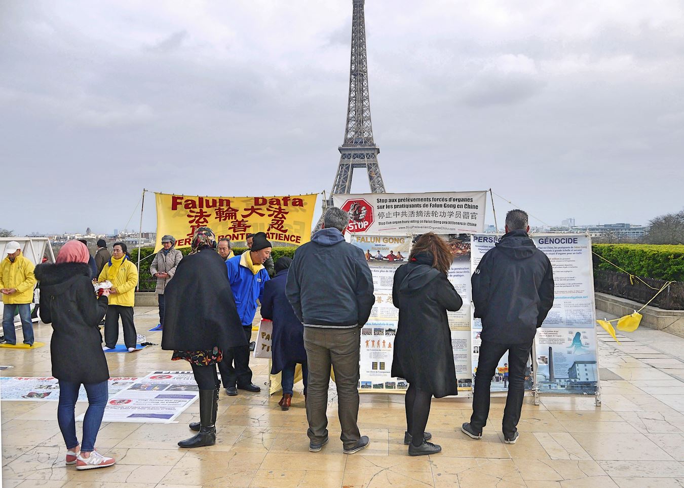 在巴黎的人權廣場上，遊客認真閱讀展板，了解中共活摘法輪功學員器官的真相。（明慧網）