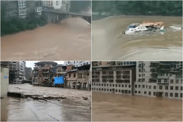 近日，四川省遭遇洪水襲擊，引發山洪爆發，民房被淹，橋樑坍塌。（影片截圖）