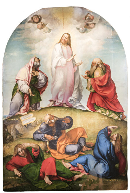 但丁  羅倫佐·洛托（Lorenzo Lotto）的作品《耶穌顯聖容》（Transfiguration），1511-1512年。油彩、畫板，119 x 83.5吋。科洛雷多梅爾斯別墅市政博物館，雷卡納蒂，意大利。（Villa Colloredo Mels Civic Museum, Recanati）