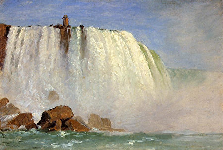 弗雷德里克‧埃德溫‧丘奇的作品《馬蹄瀑布習作》(Study of Horseshoe Falls),1858年創作。以油彩繪製於畫紙後裱貼在畫布上;11 7/10英吋×17 1/2英吋。紐約奧拉納國家歷史遺址(Olana State Historic Site, in New York)。(公有領域)