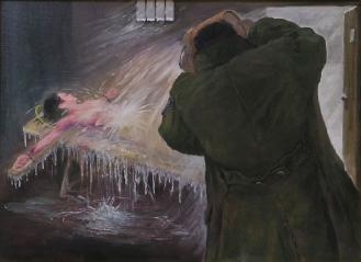 繪畫：中共酷刑示意圖：澆冷水。（明慧網）