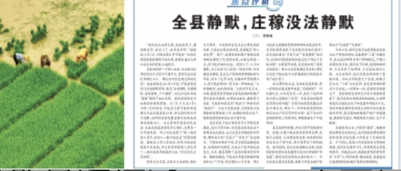 2022年8月8日，中共官媒《農民日報》在頭版刊登評論《全縣靜默，莊稼沒法靜默》。（網絡截圖）