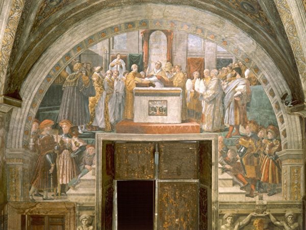 拉斐爾，《良三世的誓言》（The Oath of Leo III），1516—1517年作，濕壁畫，底寬770 cm，梵蒂岡博物館藏。（公有領域）