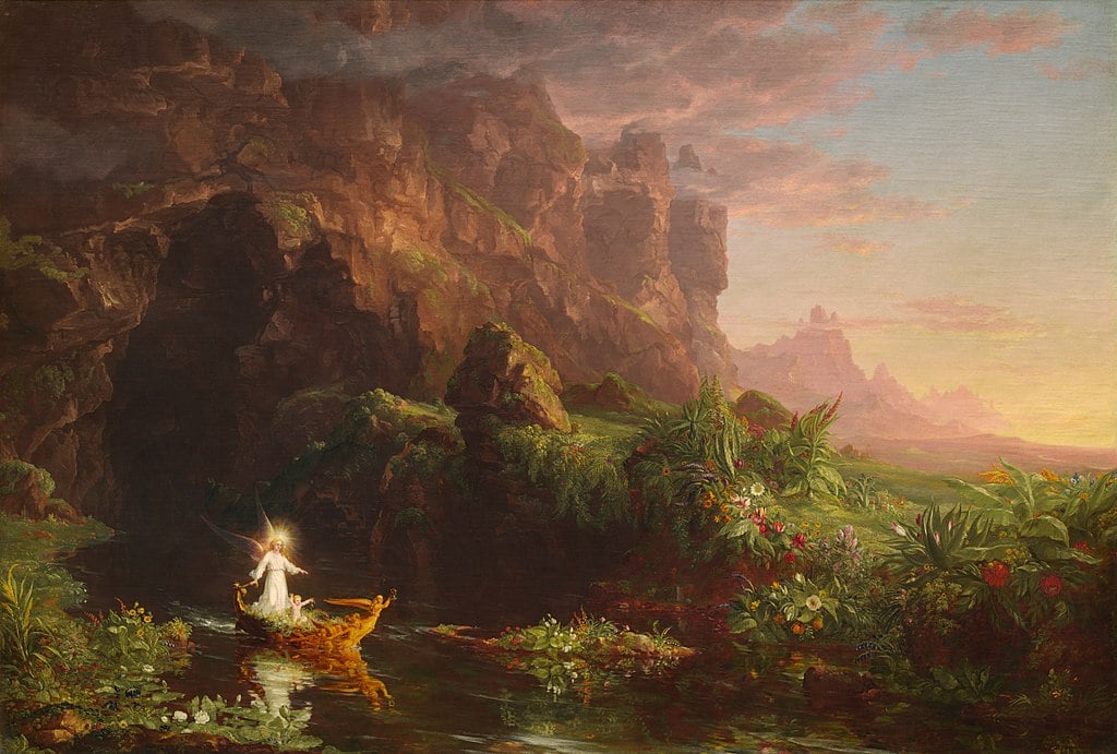 《生命之旅：童年》，1842年，科爾著。布面油畫；52.8吋×76.8吋。華盛頓國家美術館。（公有領域）