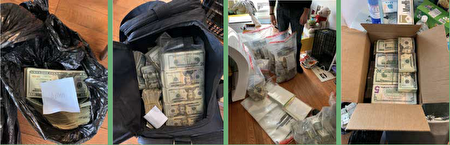 去年5月，紐約緝毒署抓獲一起毒品洗錢案的現場照。這些錢用袋子裝著，有5元一捆、20元一捆，紙條上標記了毒品分銷人的名字代號。（紐約南區聯邦檢察官起訴書）