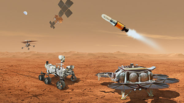 多個太空船將共同協作，計劃將NASA火星毅力號蒐集的岩石樣本帶回地球的示意圖。 （NASA/JPL-Caltech）