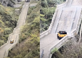 奇瑞汽車挑戰攀爬天門山失敗 撞毀護欄