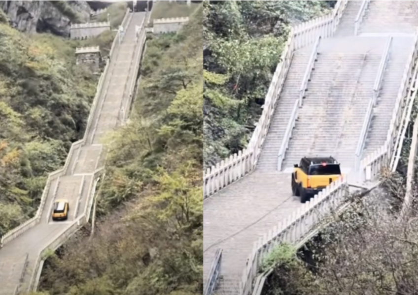 奇瑞汽車挑戰攀爬天門山失敗 撞毀護欄