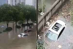 安徽合肥城區積水嚴重 車泡水地鐵樓梯成瀑布