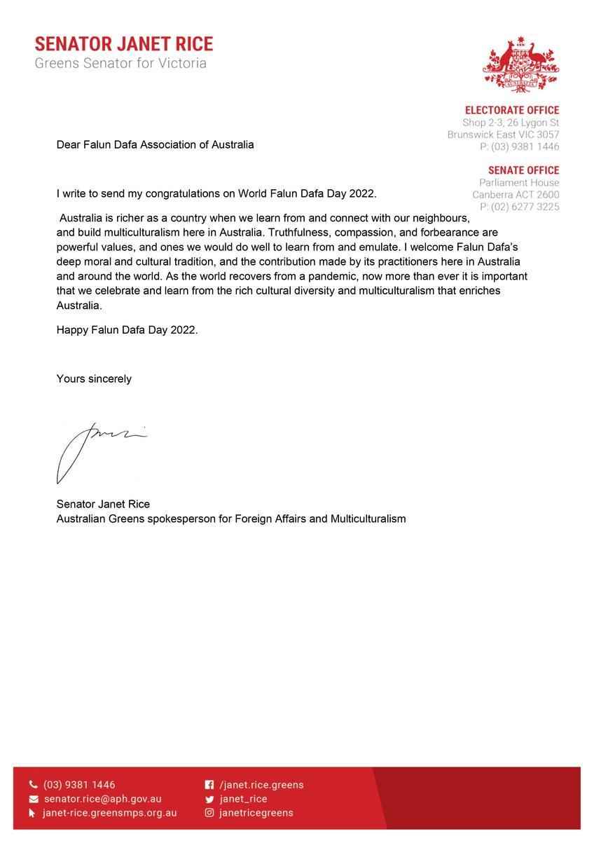 維州綠黨參議員、綠黨外交事務與多元文化發言人賴斯（Janet Rice）寫信向2022年「世界法輪大法日」表示祝賀。