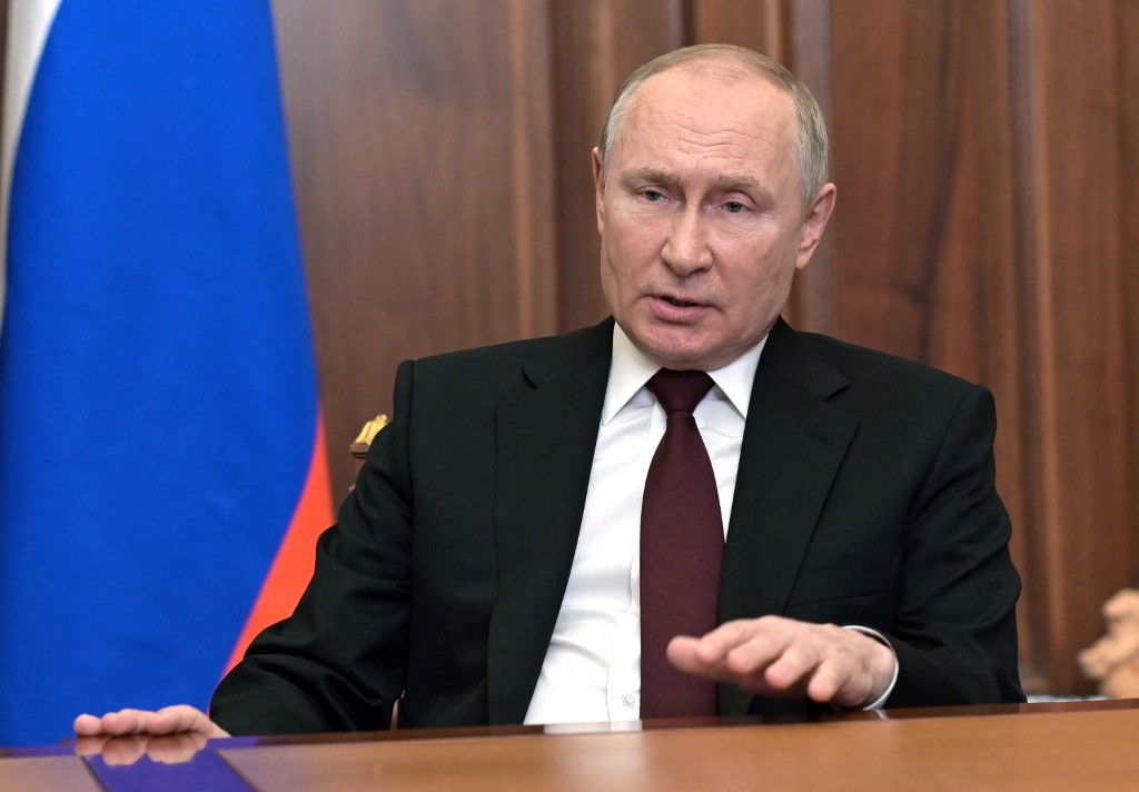 2022年2月21日，俄羅斯總統普京在克里姆林宮就烏克蘭問題向全國發表講話。（Alexey NIKOLSKY/Sputnik/AFP）