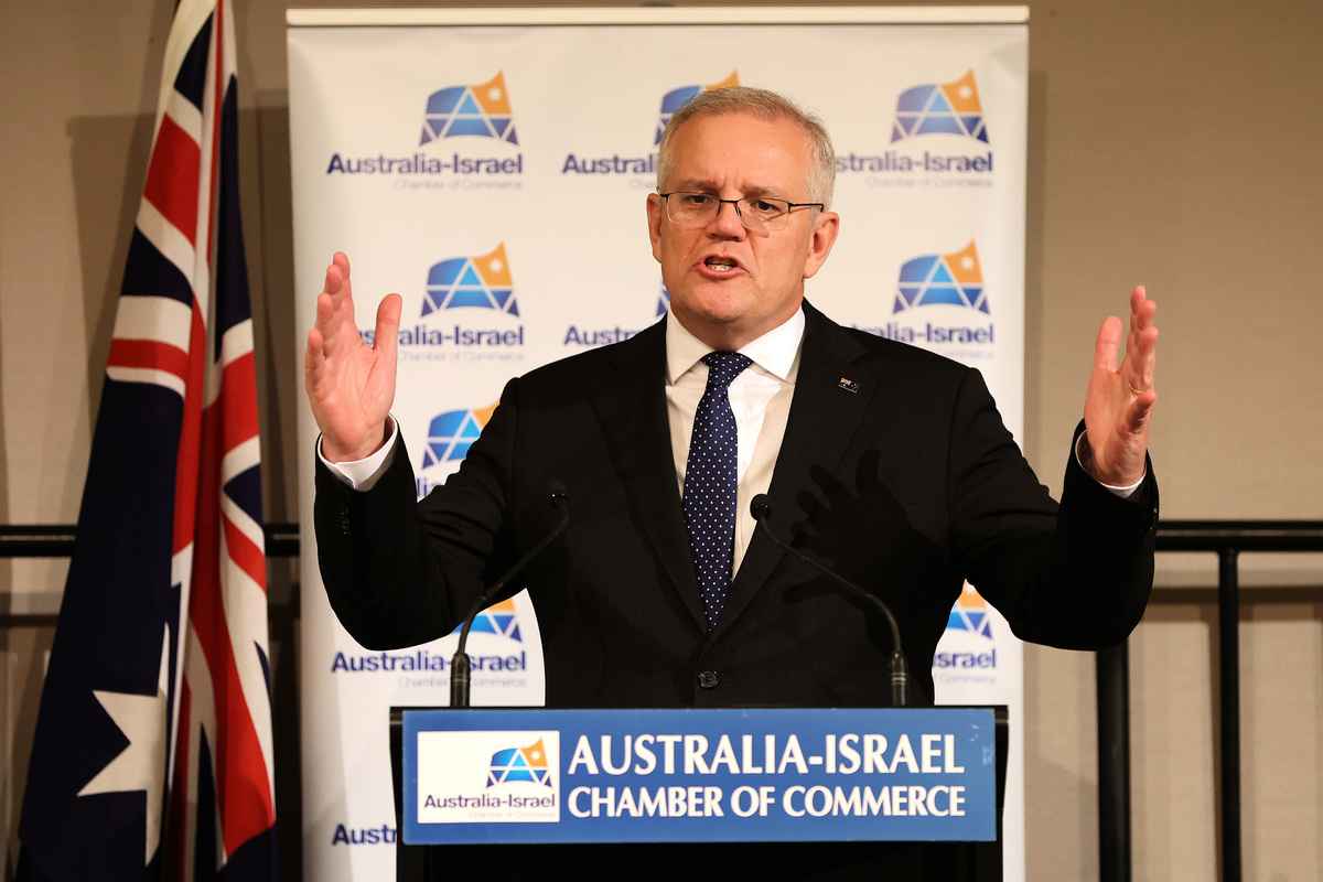圖為總理莫里森5月18日在澳洲以色列商會發表演講。（Asanka Ratnayake/Getty Images）
