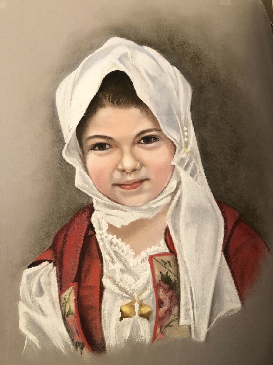 身著傳統服裝的南歐女孩，芭芭拉‧謝弗的粉彩畫作。（由芭芭拉‧謝弗提供）