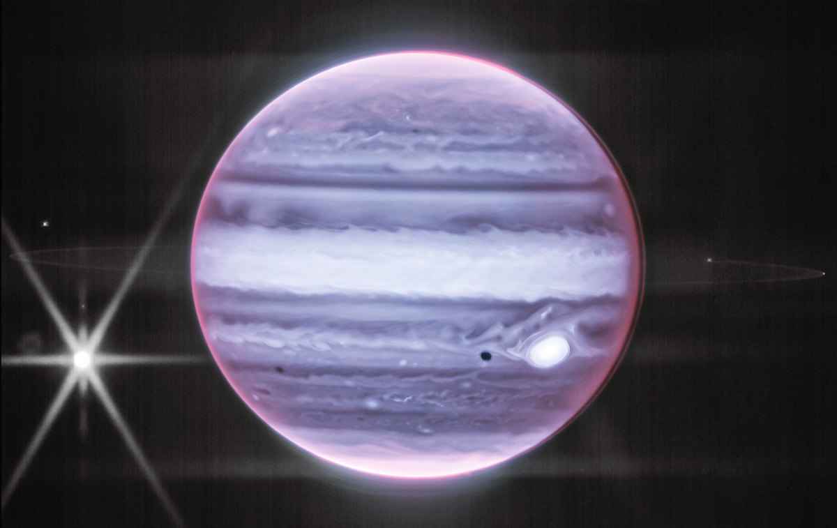 韋伯望遠鏡2022年7月20日拍攝到木星及其周圍微弱環帶的紅外線圖像。（NASA/ESA/CSA）