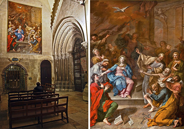 卡瓦略作品《五旬節聖靈降臨》（Descent from Pentecost），1780年創作。位於里斯本主教座堂內。（左）（Vitor Oliveira/CC BY-SA 2.0），（右）（公有領域）