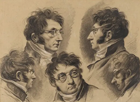 路易-利奧波德‧布瓦伊的作品《五個藝術家自畫像習作》(Study Sheet With 5 Self-Portraits of the Artist),約1810年創作。黑色粉筆、白色加強效果、紙;16.2×22.6cm。路易-利奧波德‧布瓦伊經常將自己畫入作品中。拉姆斯伯里莊園基金會(The Ramsbury Manor Foundation),英國威爾特郡(Wiltshire)拉姆斯伯里(Ramsbury)。(公有領域)