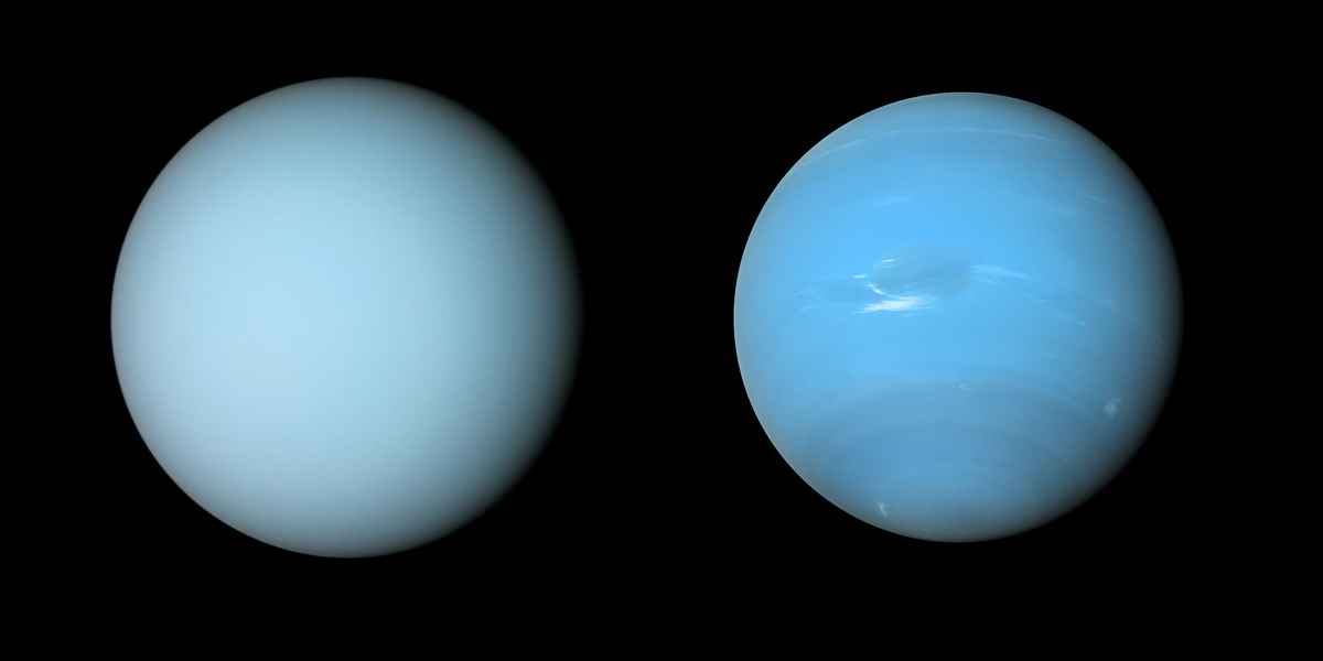 天王星（左）和海王星（右）是太陽系最外側的兩顆冰巨行星，不過海王星外觀比天王星更藍。（B. Jonsson/NSF's NOIRLab/AFP）